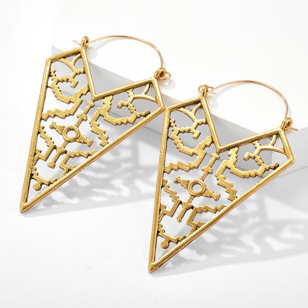 Large Gold Silver Tribal Geometric Earrings - Picture 2 of 4